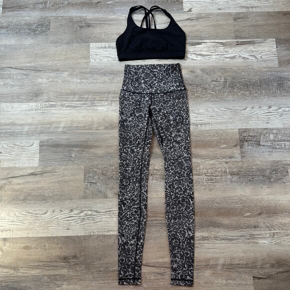 Lululemon Sports Bra & Lace Print High Rise Leggings Set Black White Sz 4 - Picture 1 of 12